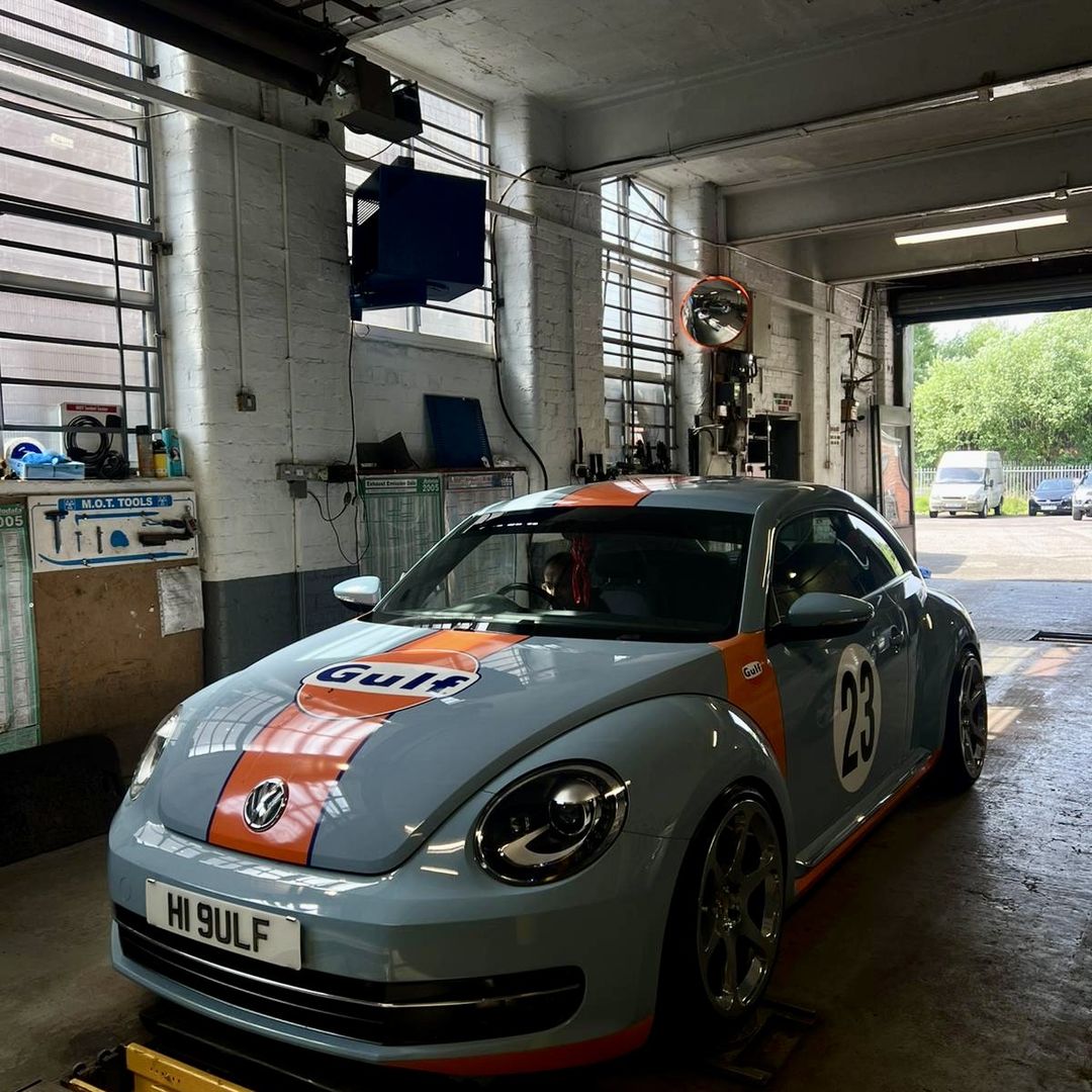 Volkswagen Beetle race car in the workshop at 5 Star Motors
